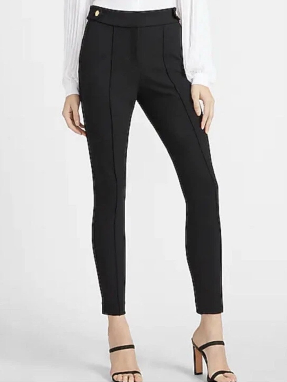 Express / Black Skinny High Rise Ponte Pants with Gold Button Accents / Size 10